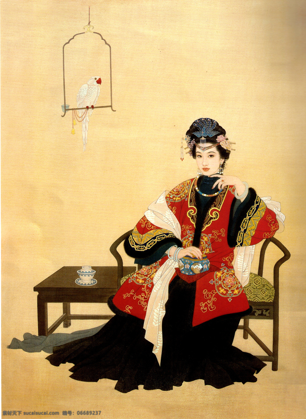 静坐美妇 仕女 国画 工笔 古典 古装 凤簪 鹦鹉 鸟 贵妇 美女 玉手镯 耳坠 项圈 戒指 椅 茶杯 茶几 绘画书法 高清 大图 艺术 传统文化 文化艺术