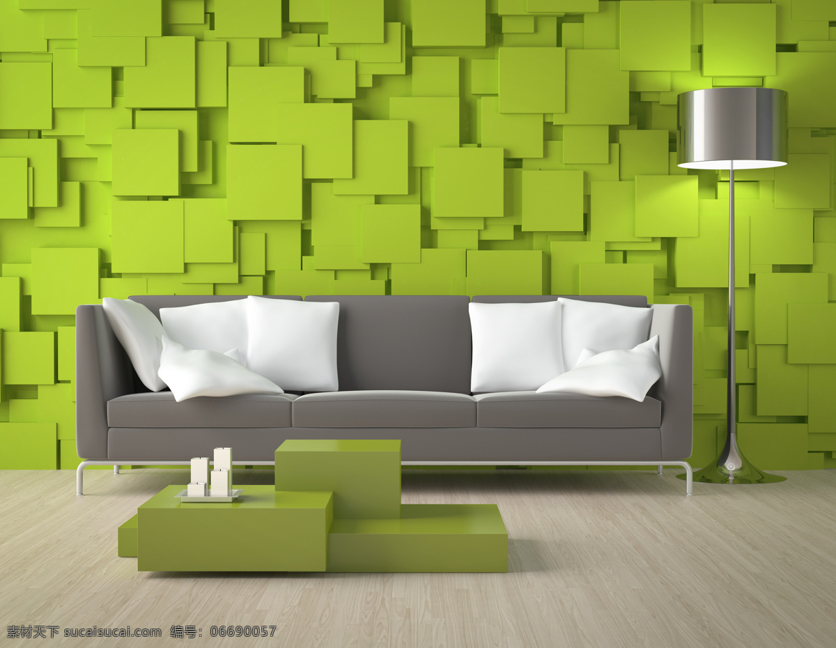 绿色 方块 墙 客厅 效果图 客厅样板房 沙发 茶几 落地灯 时尚家居 室内装修设计 室内装潢 室内设计 环境家居