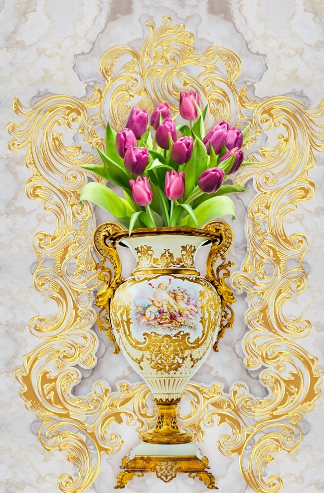 欧式 花瓶 玉兰花 玄关 中欧 复古 典雅 欧式花纹 金色花纹 金色花瓶 装饰画 无框画 有框画 分层