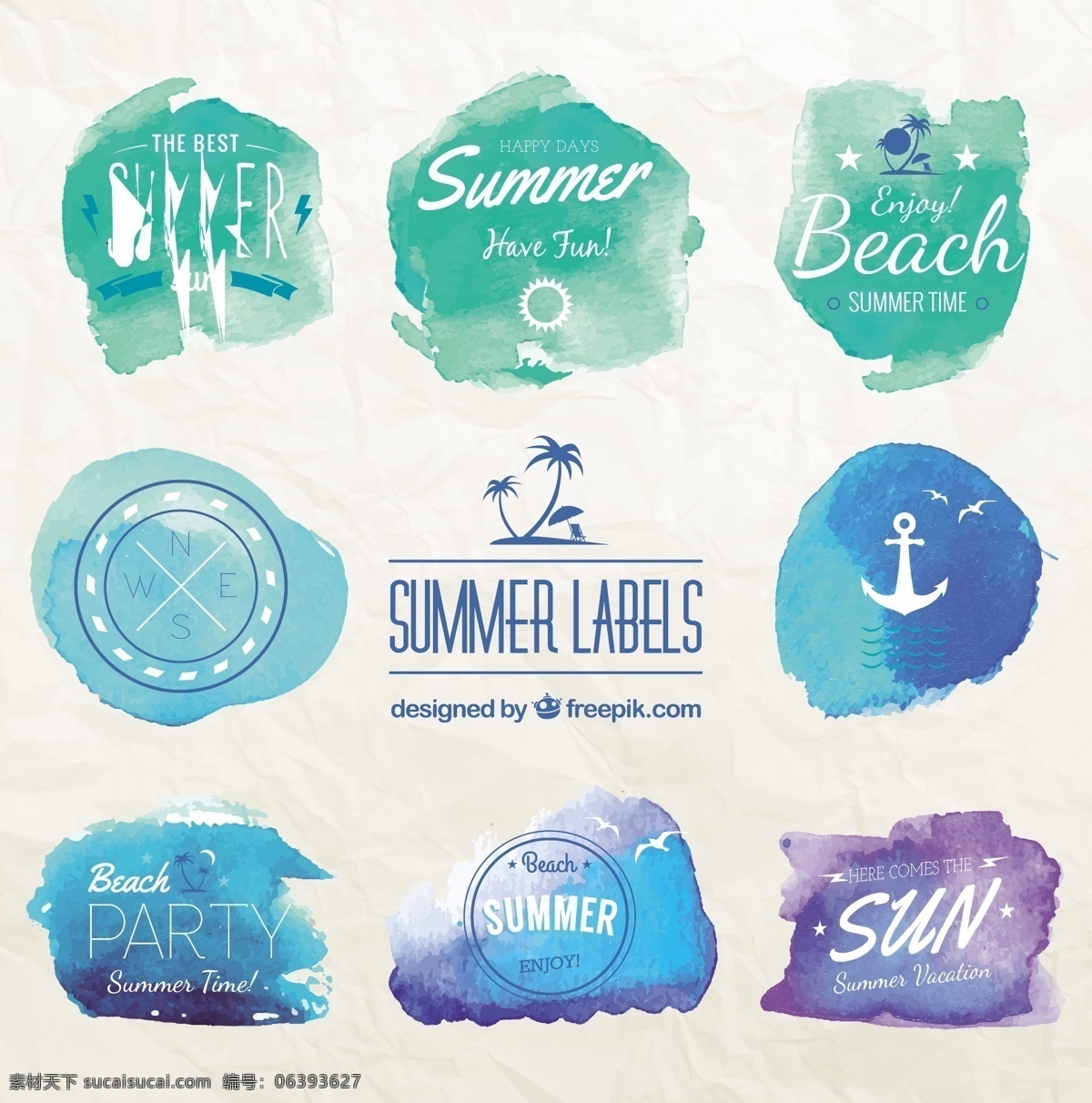 水彩 阳光 海滩 图标 彩色水墨 墨迹 标志 夏天 海边 椰树 船锚 矢量图标 白色