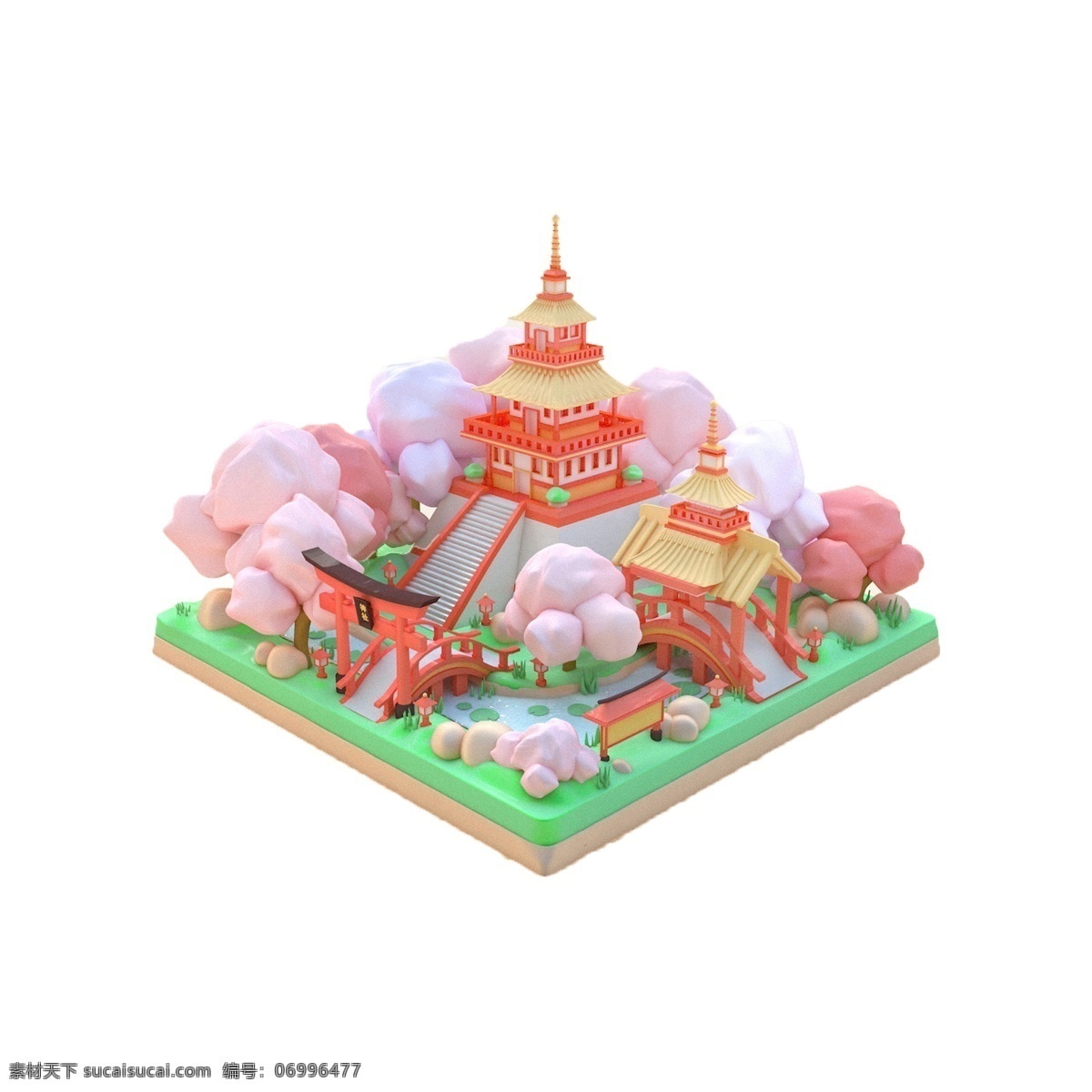 三维 模型 免 抠 三维模型 效果 日式 樱花 建筑 植物 绿地 立体 三维模型免抠 装饰 清新