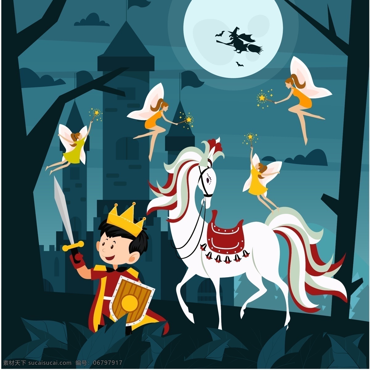 童话 王子 白马 夜晚 创意 树林 矢量 高清图片