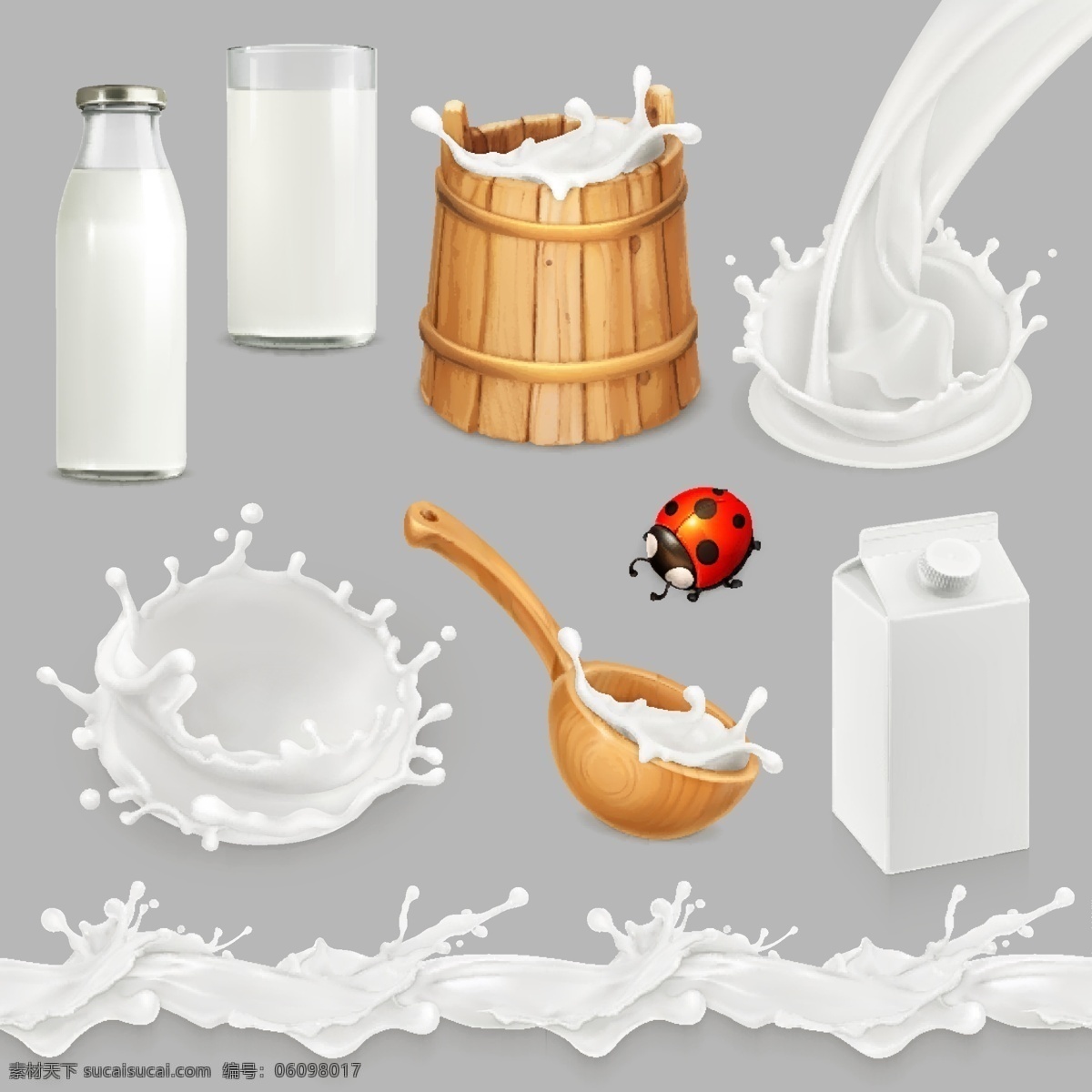 灰色 背景 上 木桶 木勺 牛奶 瓶子 杯子 纸盒牛奶 瓢虫 动感牛奶 饮品饮料 标志图标 其他图标