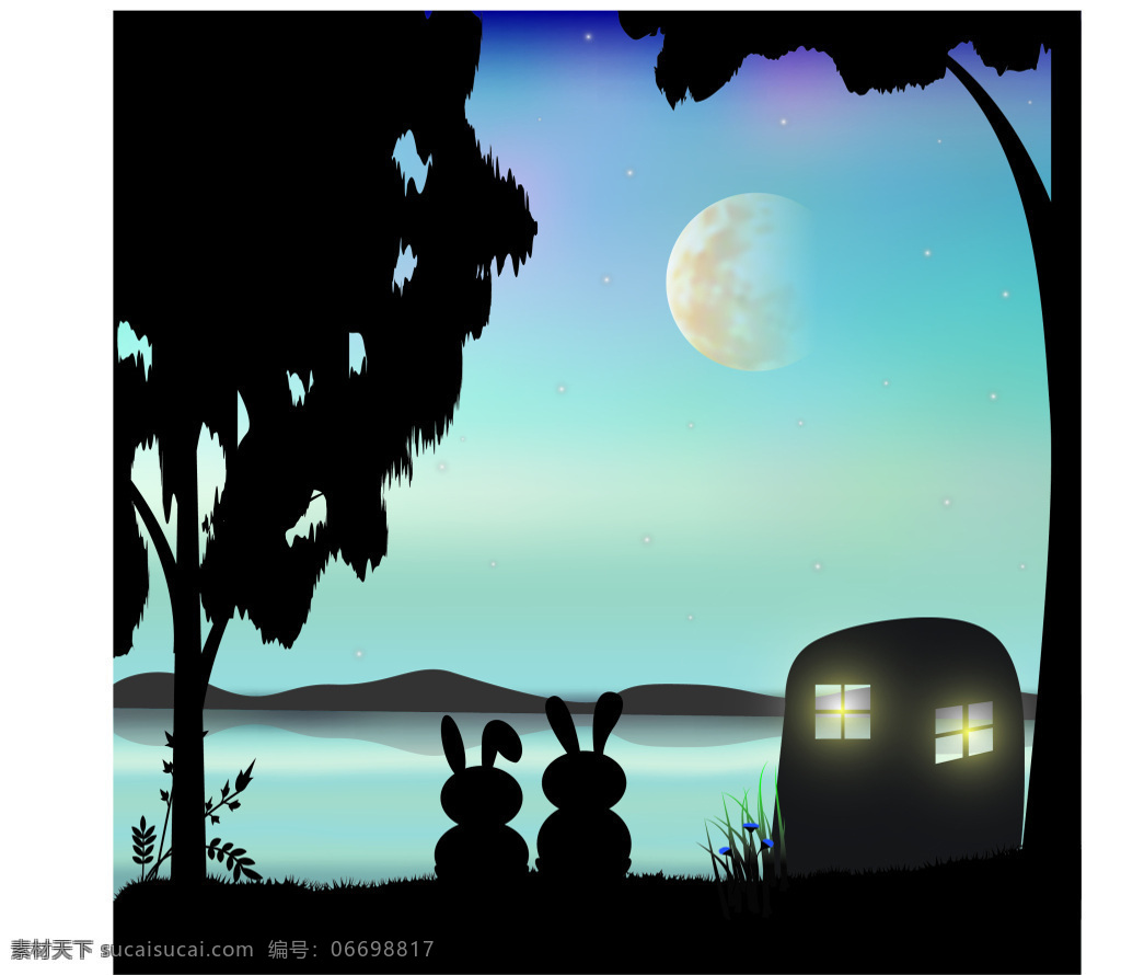 月亮 下 浪漫 小 兔子 插画 卡通 可爱 小兔子 动物 大树 房子