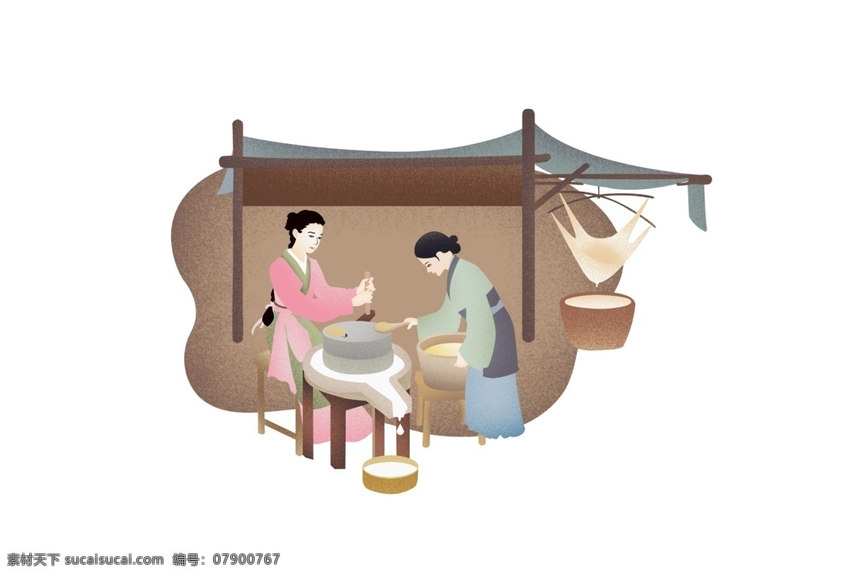 磨豆腐 女人 两个女人 石磨盘 手工豆腐 卡通人物 分层