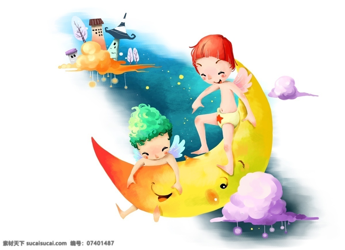 月亮 之上 插画 节日素材 人物 手绘 童话 童趣 源文件库 月亮之上 彩绘人物 插画集