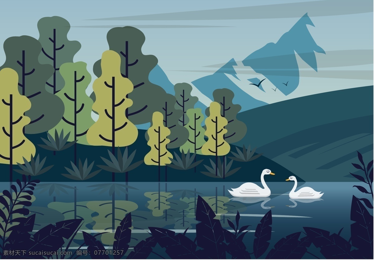 创意雪山 湖泊天鹅风景 矢量素材 自然 创意 雪山 湖泊 天鹅 风景 树林 树木 草地 矢量图 ai格式 自然风景