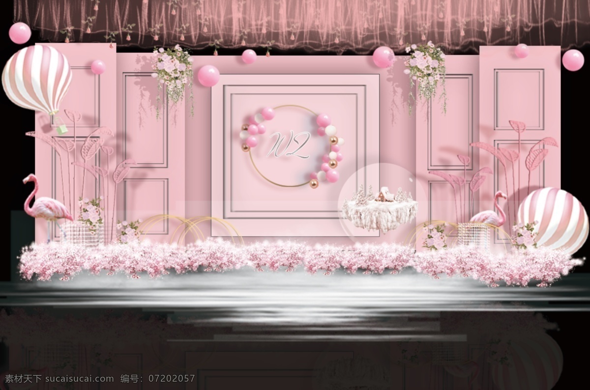 粉色 热气球 城堡 婚礼 迎宾 区 效果图 芭蕉叶 纱幔 樱花 火炼鸟 粉色花艺 粉色婚礼