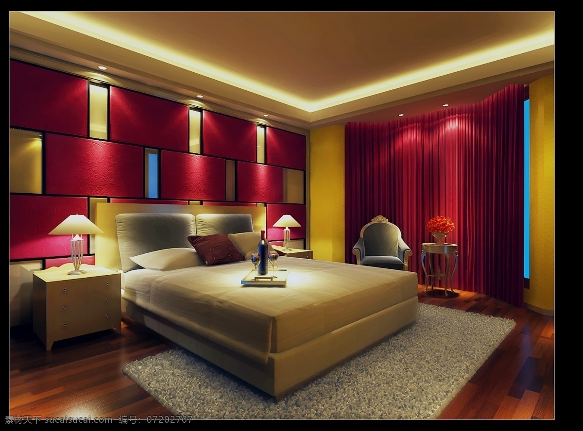 卧室免费下载 bmp 窗帘 床 床头柜 地毯 红酒 红色 环境设计 室内设计 卧室 主卧室 顶灯 台灯 椅子 羊绒毯 家居装饰素材