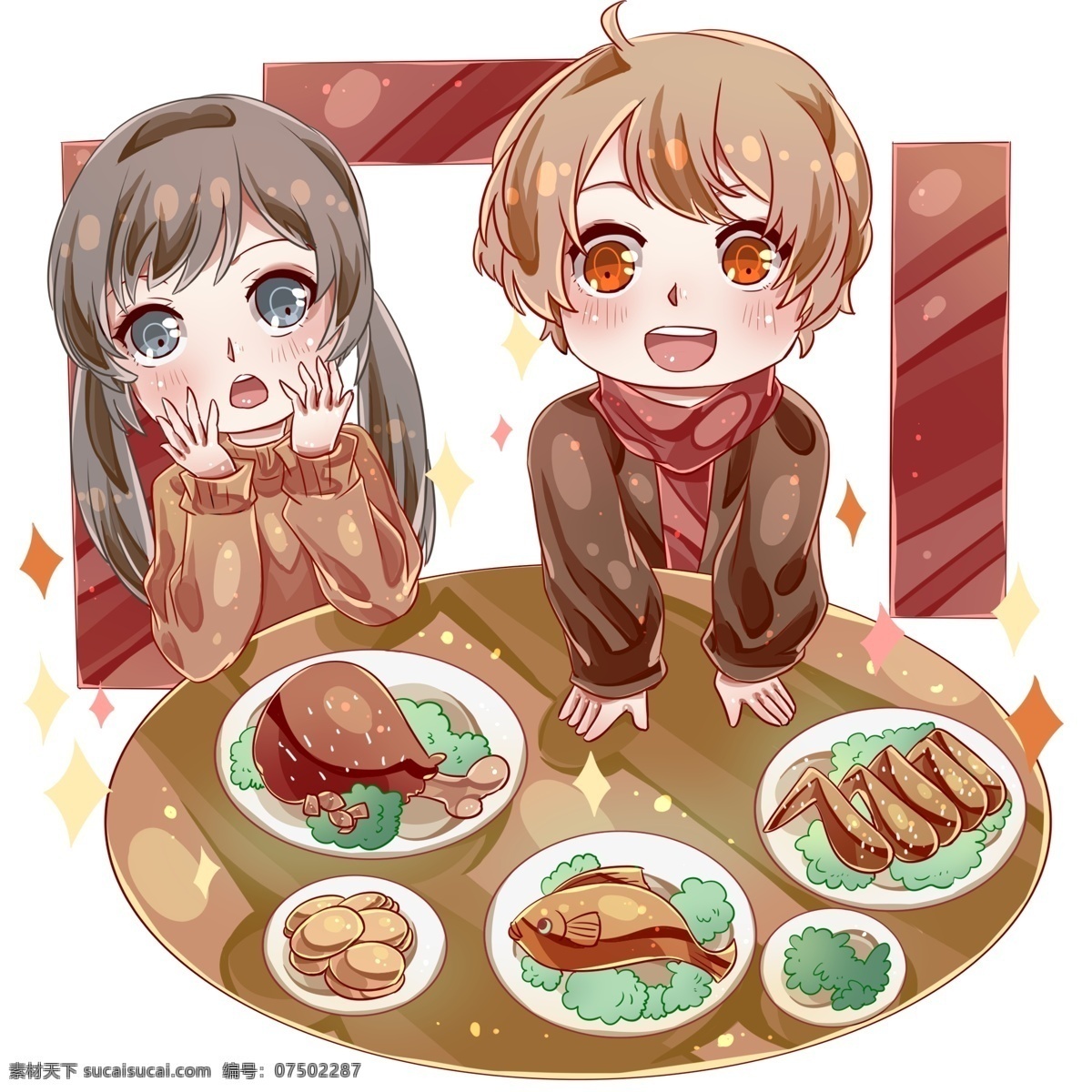 兄妹 看着 美味 年夜饭 哥哥 充满 期待 妹妹 丰盛 大吃一惊 年年有余 写 满 祝愿 红色 对联 阖家团圆