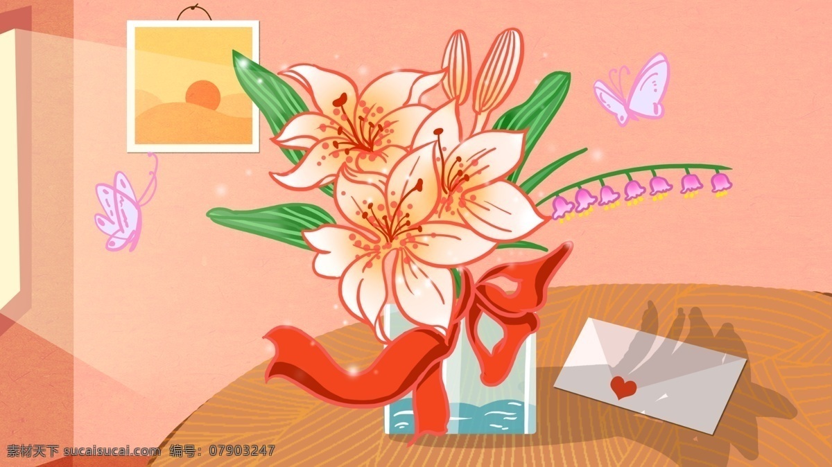 桌子 上 百合花 卡通 背景 蝴蝶 丝带 阳光 粉色