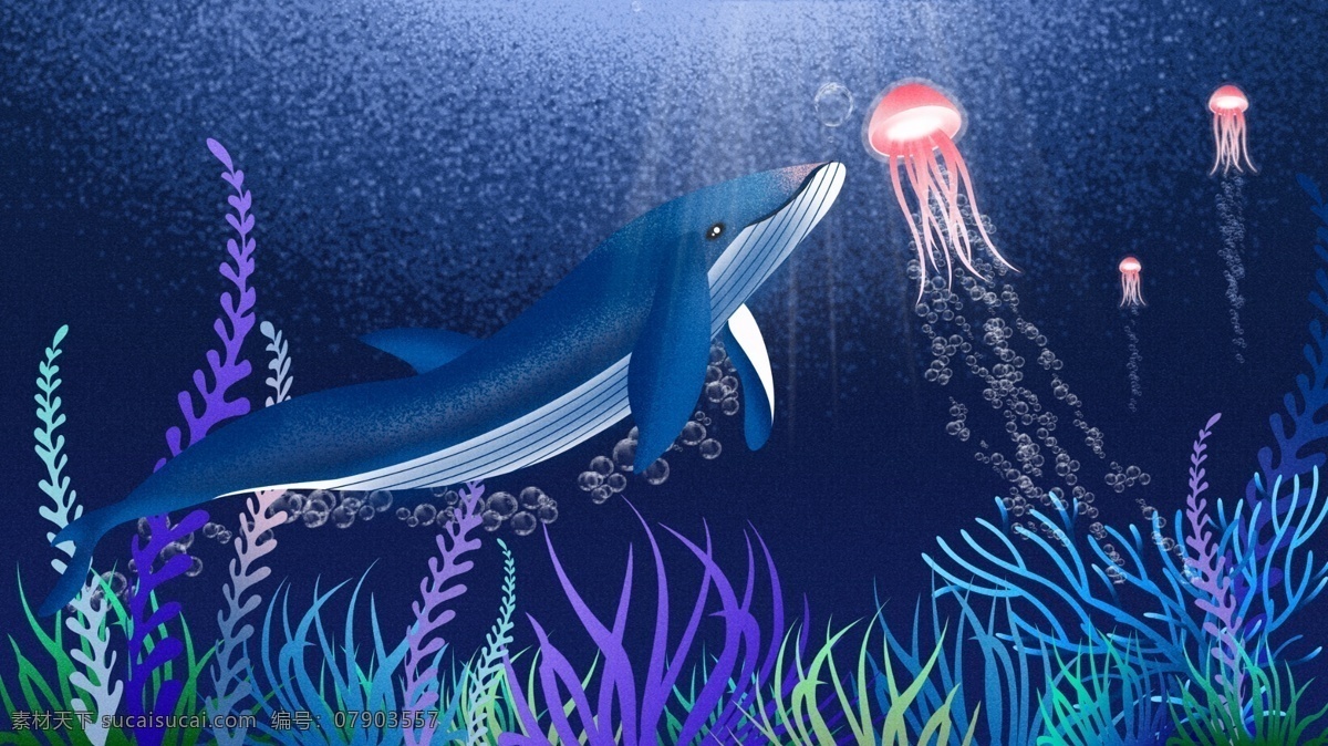 治愈 系 深海 遇 鲸 插画 海底 鲸鱼 梦幻 唯美 水母 写实 水草 深蓝色