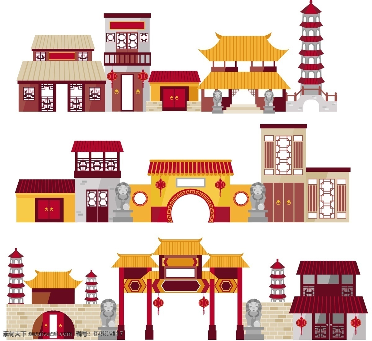卡通 中式 建筑 矢量图 中式建筑 塔 牌坊 城楼 中国风元素 建筑矢量素材
