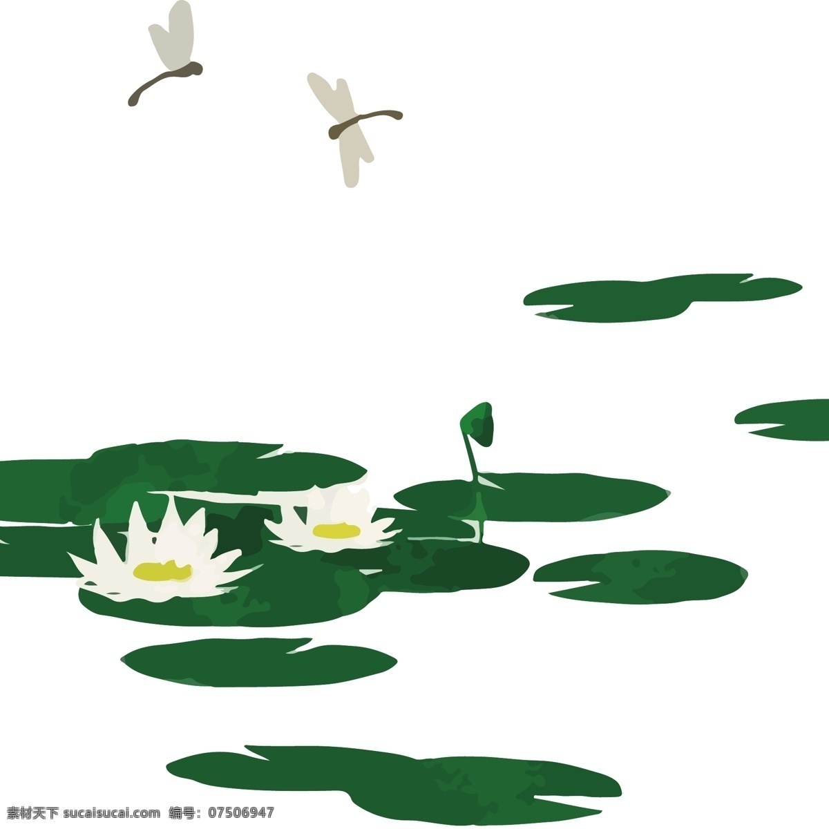 水彩 池塘 荷花 矢量 免 抠 图 卡通的 手绘的 荷叶 莲花 白莲花 白莲 莲蓬 蜻蜓 绿色 植物 夏天 夏日 夏季