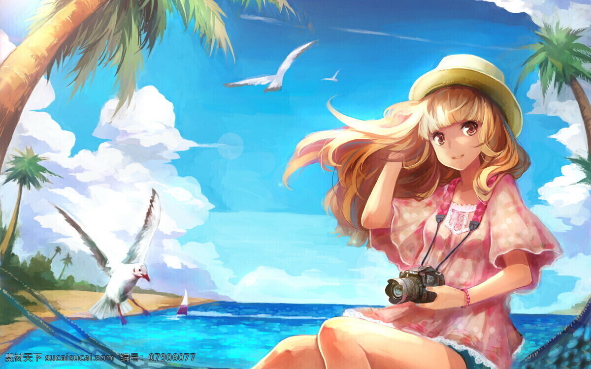海边 少女 长发 粉色 帽子 背景图片