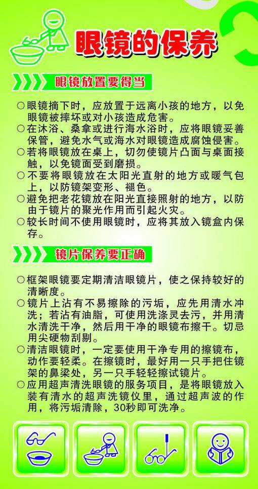 绿色底 矢量图 字母 眼镜的保养 洗眼镜矢量图 眼镜 放置 得当 镜片 保养 正确 海报 可分层 矢量 其他海报设计