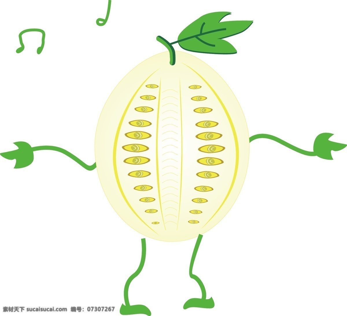 矢量 卡通 跳舞 香瓜 小人 矢量香瓜 卡通小人 绿叶 舞动的植物 拟人 扁平 水果插画 音符 卡通插画 可爱的香瓜