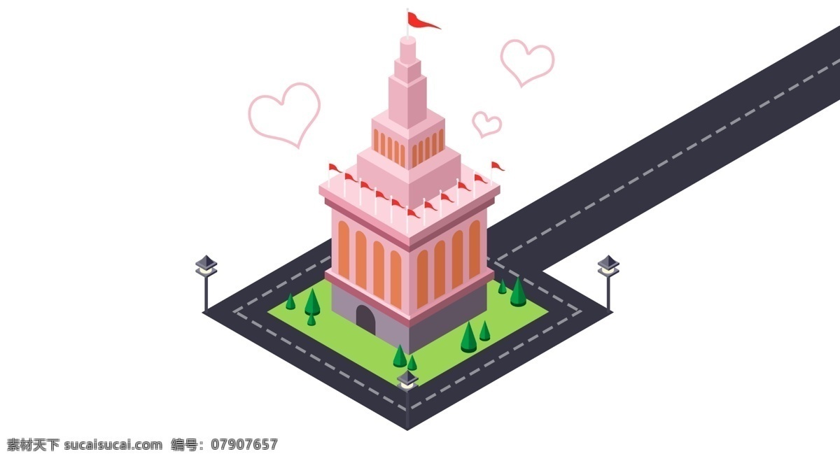 矢量 风 粉红色 房子 建筑 粉色 粉红 浪漫 矢量风格 手绘 插画 2.5d 绿化 扁平 虚拟 爱心 红旗