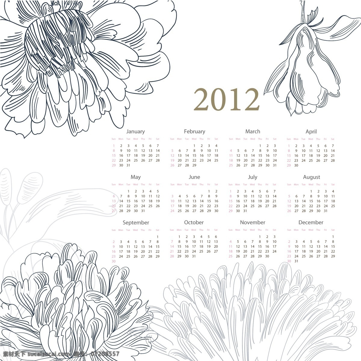 2012 年 花纹 日历 新年 挂历 挂历模板 年历模板 台历 月历 新年素材 龙年 花纹底纹 日历台历 矢量素材 白色