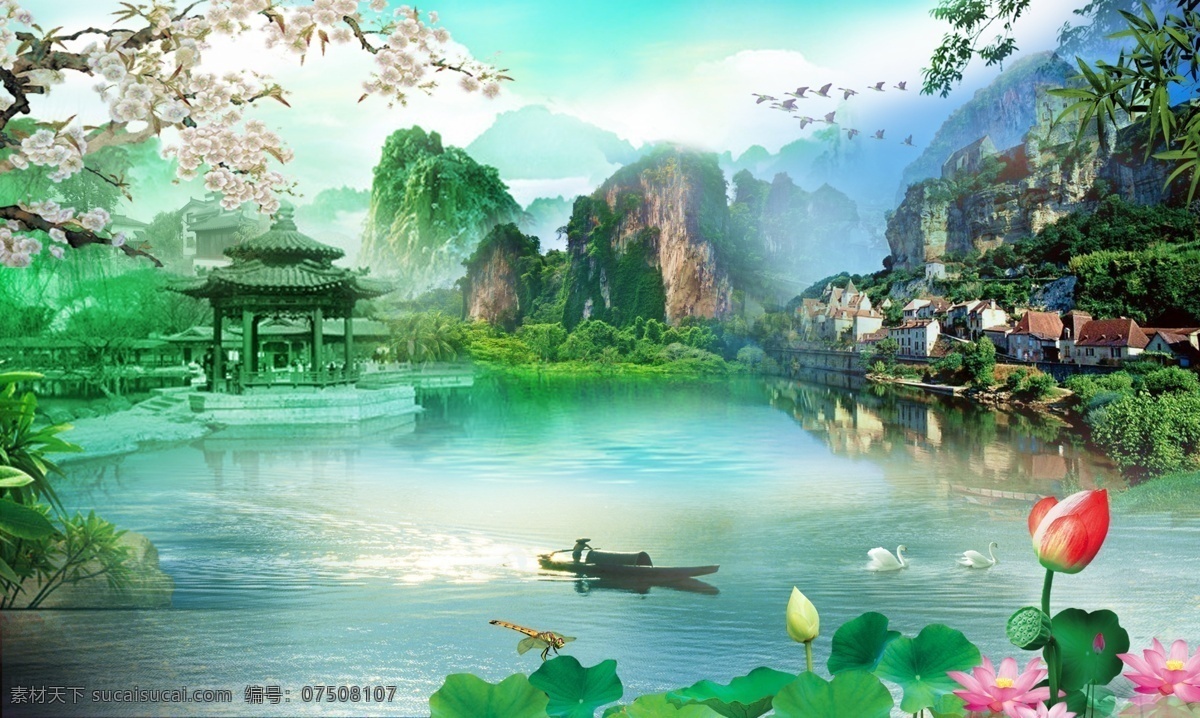 世外桃源 人间仙镜 人间美景 人间天堂 世外桃园 大自然 美景 湖水 清湖 清静的湖水 水 江南 江南水乡 江南风光 江南建筑 江南风情 远山 房子 民房 烟雾 荷叶 荷花 游人 竹叶 绿叶 叶子 白鹅 柳树 倒影 桃花 船 拱桥 凉亭 梨花 风景 分层 源文件