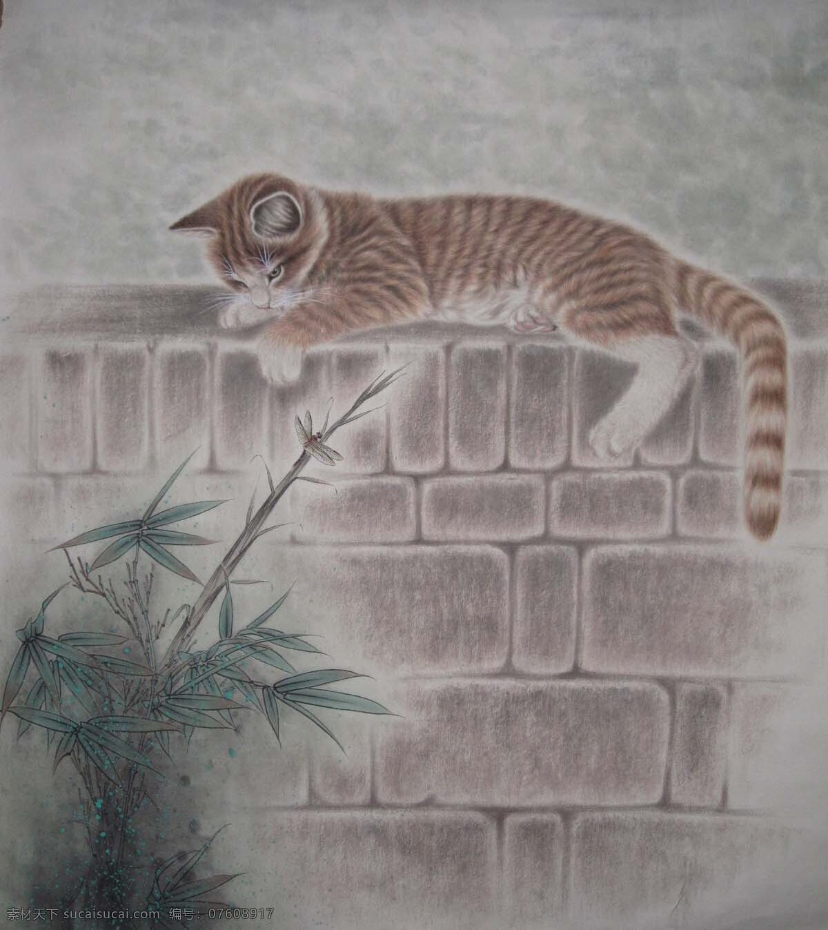 小猫 猫 蜻蜓 惬意 竹子 墙 国画 中国画 工笔画 绘画 文化艺术 国画风景 绘画书法