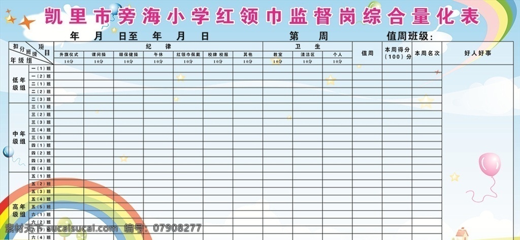 班级量化表 综合量化表 红领巾监督岗 表格 班级评分 小学公告栏 班级评比栏 校园文化