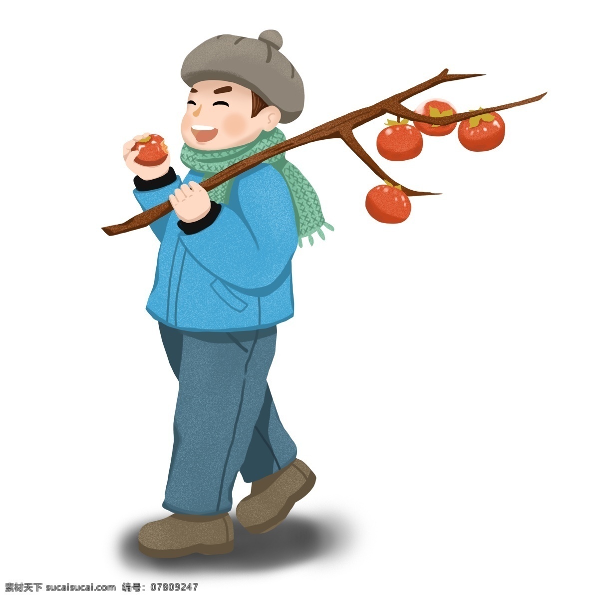 吃 柿子 小孩 插画 免 抠 图 免抠图 树枝 帽子 装饰图案 吃柿子的人