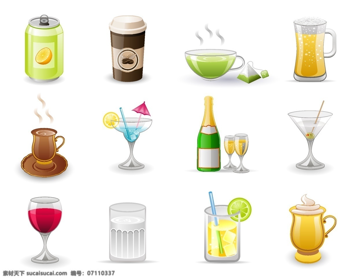 美食生活 易拉罐 咖啡杯 茶杯 啤酒杯 啤酒 酒杯 柠檬茶 白开水 鸡尾酒 啤酒瓶 餐饮美食 生活百科 矢量