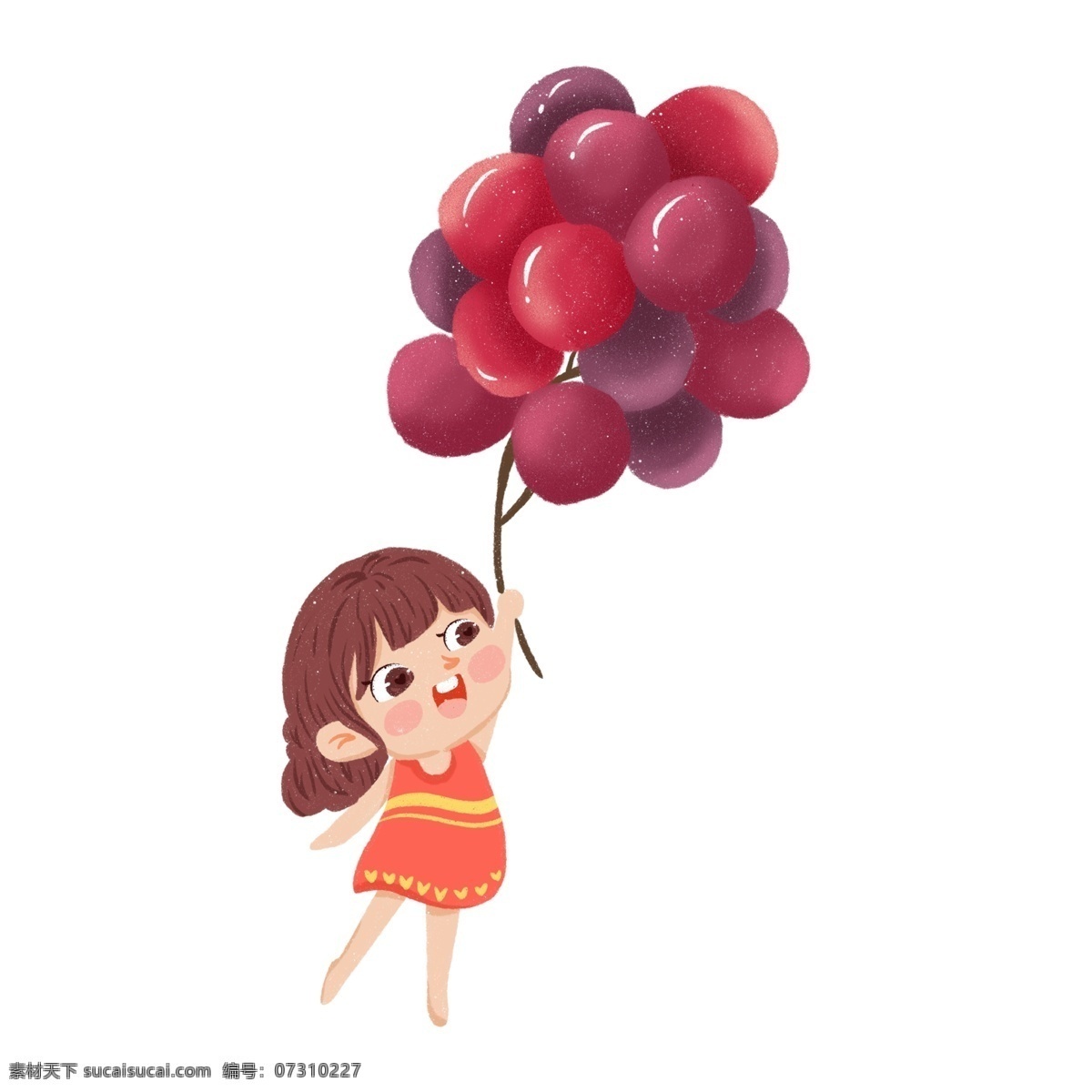 一个 踮着脚 葡萄 小女孩 葡萄气球 紫色 水果 红脸 橙色裙子 连衣裙 伸手 微笑