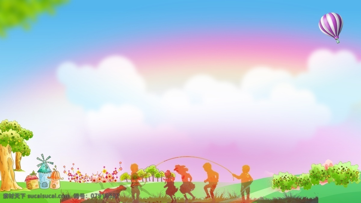 欢乐 草地 玩耍 广告 背景 广告背景 公园 热气球 云雾 开心