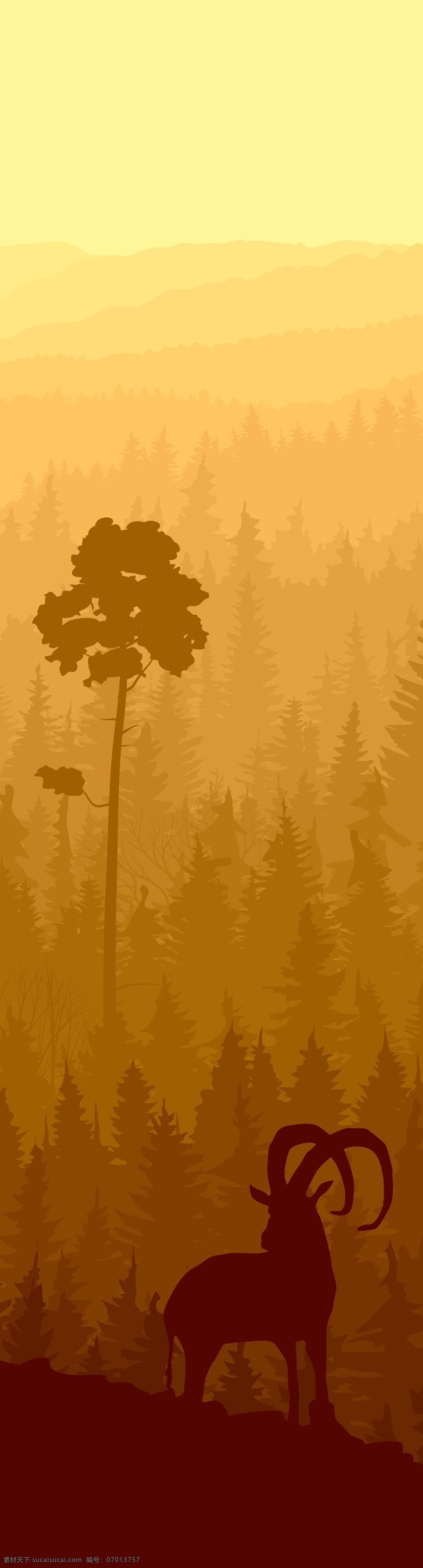风景 矢量图 包装设计 名片设计 名片模板 树枝 树木 树干 大树 卡片设计 外包装设计 吊牌设计 吊牌包装模板 服装设计 服装印花 布料印花 面料印花 布料图案 照片矢量图 风景照片 风景矢量图 旅行 探险家 高山 山峰 树林 原野 日出 日光 日落 天空 风景图案 动物世界 森林 原始森林 羚羊 羊剪影 羊角 自然景观 自然风光