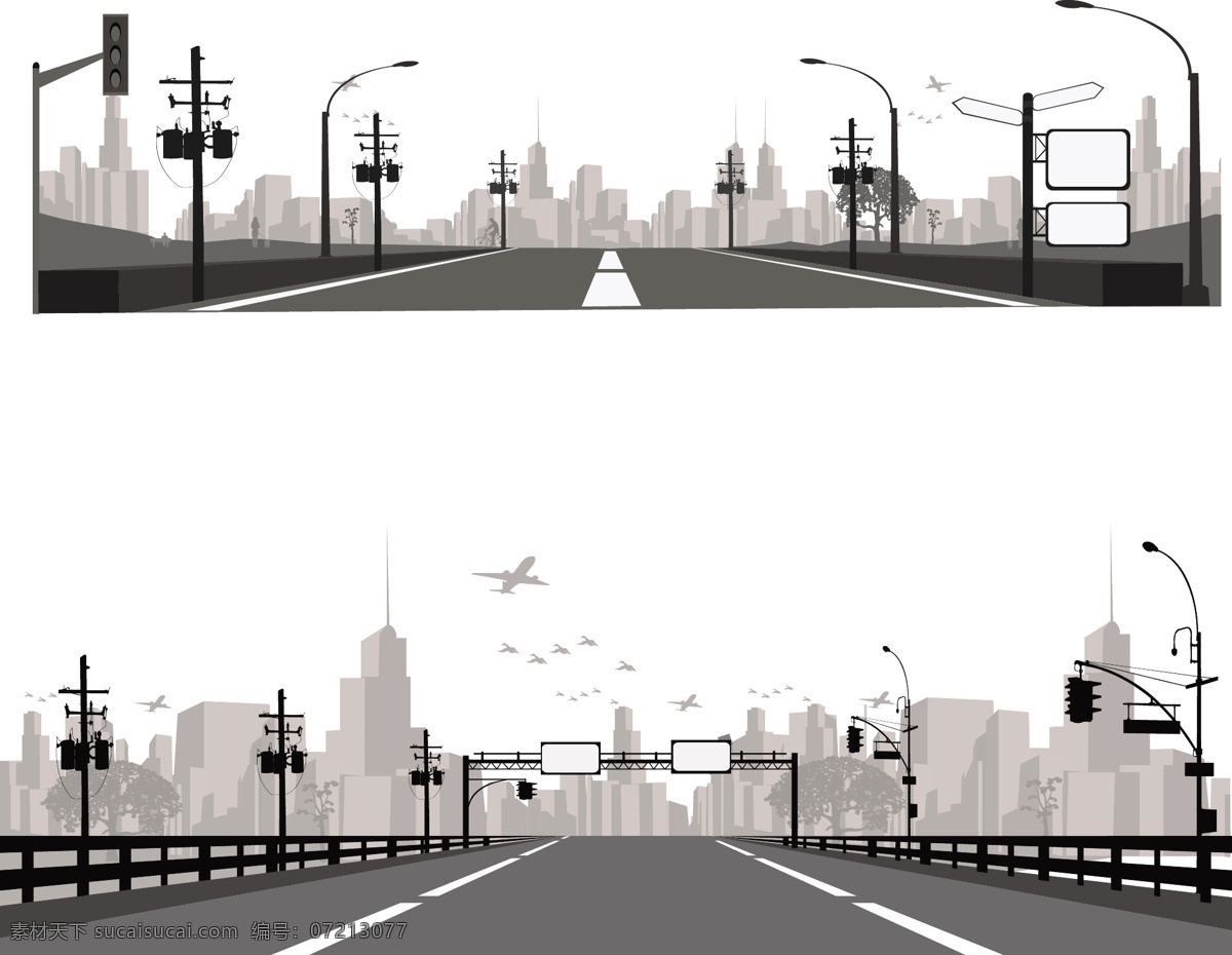 城市建筑 城市公路 公路 笔直 平坦 户外广告牌 广告牌 城市 都市 高楼 大厦 楼宇 写字楼 商务楼 金融大厦 楼房 建筑 房地产 建设 城市建设 繁荣 繁华 剪影 插图 手绘 时尚 梦幻 背景 矢量 城市建筑主题 建筑家居
