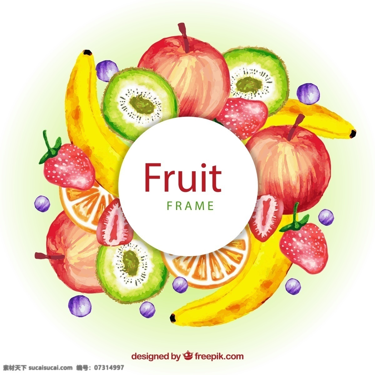水彩 绘 水果 框架 苹果 香蕉 草莓 蓝莓 猕猴桃 橙子 矢量 高清图片