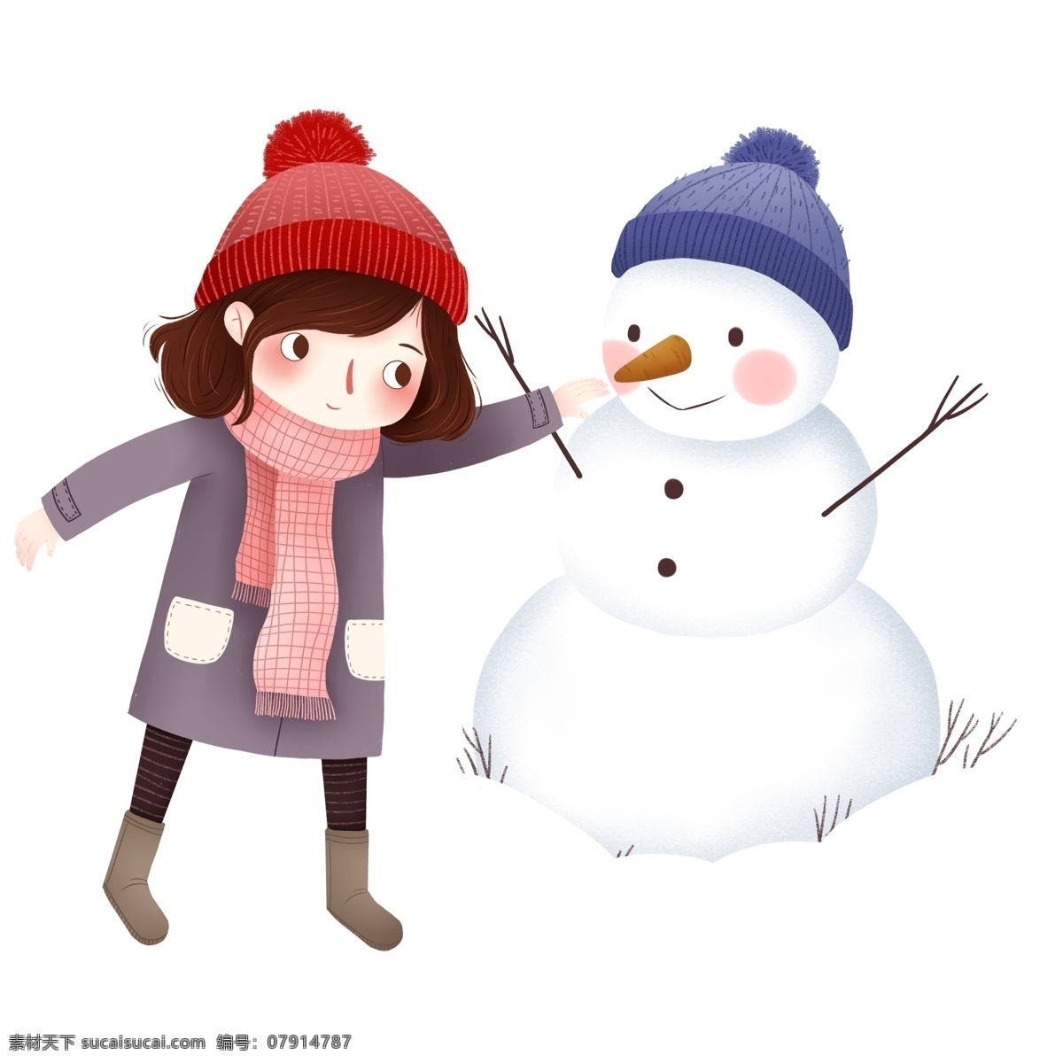 手绘 卡通 堆 雪人 女孩 元素 堆雪人 红帽子 蓝帽子 人物元素 精致人物 手绘元素 装饰图案 设计元素 卡通元素