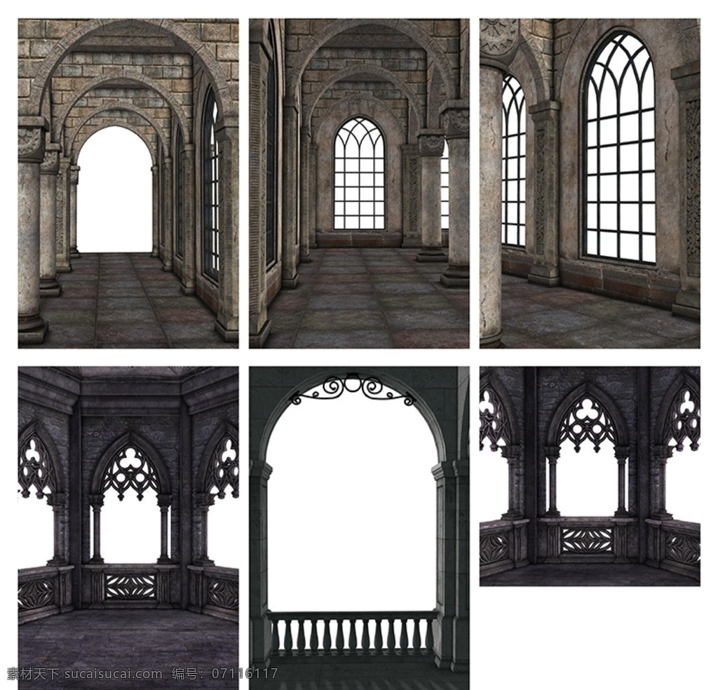 欧式建筑素材 教堂 古堡 拱门 阳台 护栏 室内环境 走廊 3d 哥特式建筑 建筑风景 分层