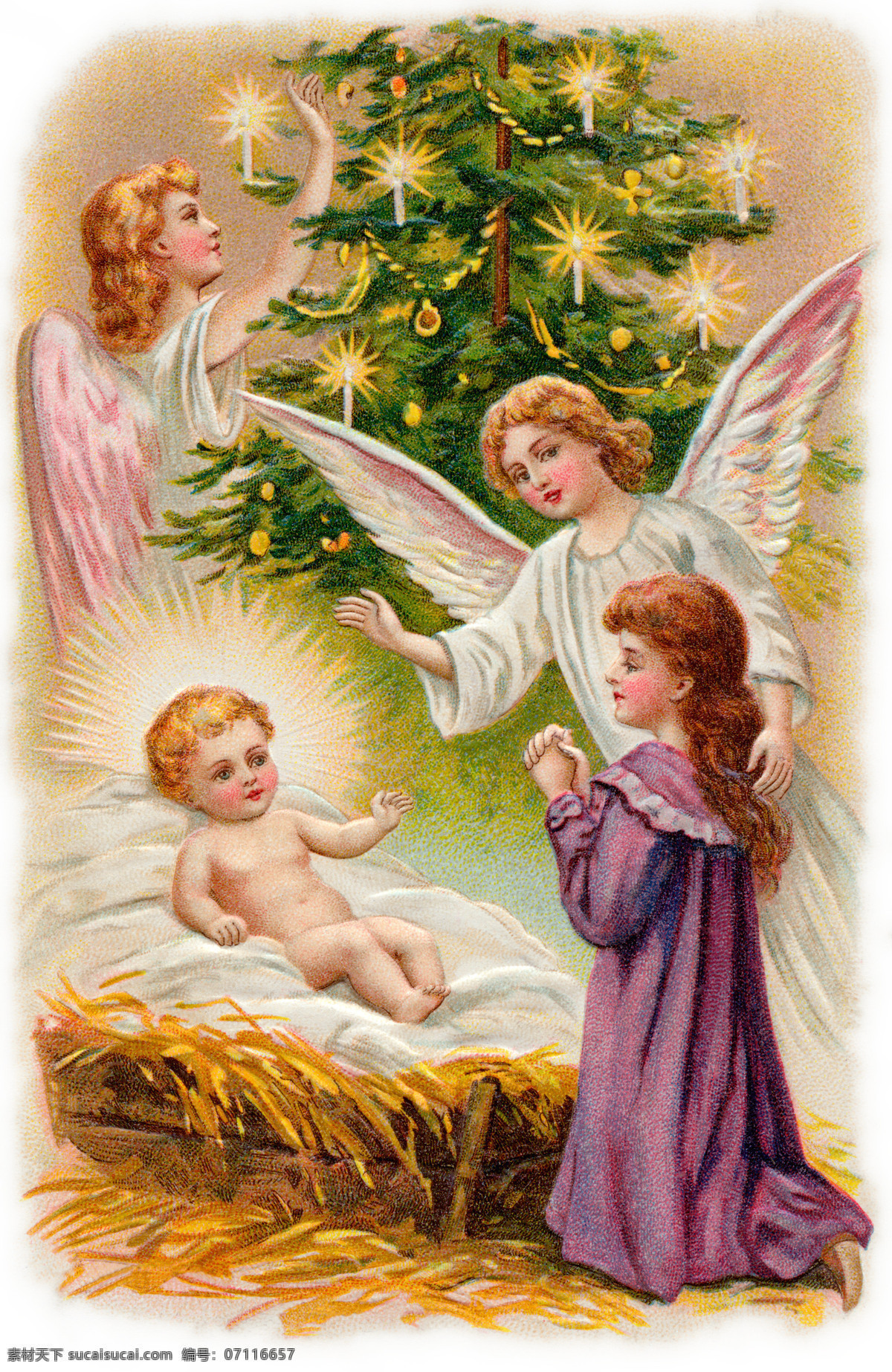复古 天使 婴儿 插图 复古插图 圣诞节元素 圣诞树 节日庆典 生活百科