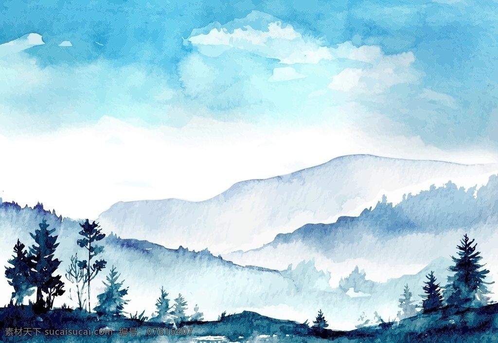 水墨山水画 美丽 风景 水墨 山水画 矢量素材 展板模板