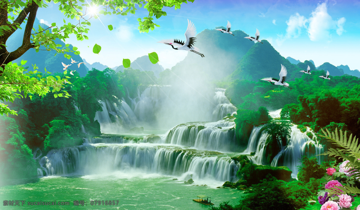 3d 山水 瀑布 壁画 风景 背景 图 背景图 3d渲染 效果图