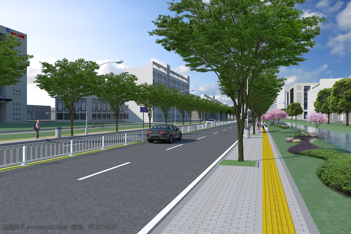 道路 绿化 效果图 绿化效果图 道路绿化 树池 双向四车道 盲道 人行道 栾树 行道树 市政 景观 园林 渲染效果图 汽车 工业园 香樟 马路 公路 绿化带 水渠 河道 环境设计 景观设计