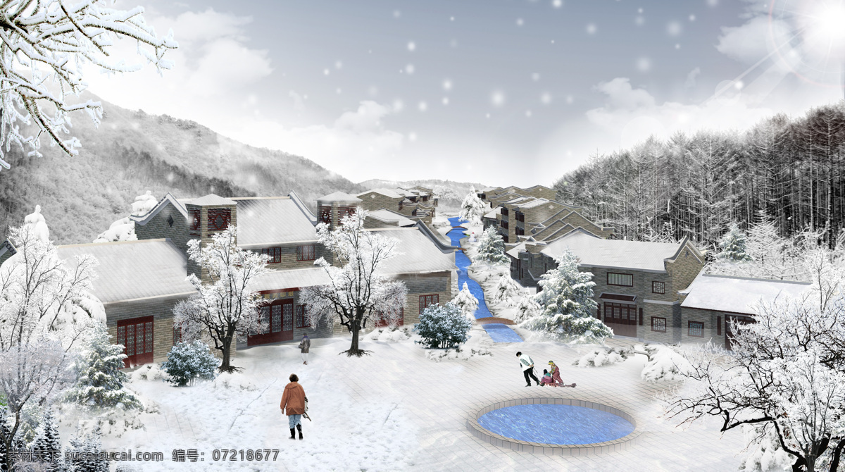 3d 3d设计 创新 独特 建筑 树木 特色 雪景 建筑设计 模板下载 雪景建筑 展板 企业文化展板
