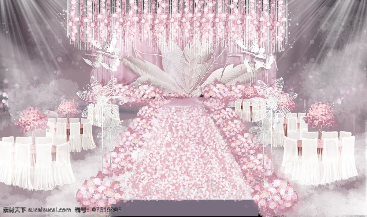 粉白色 婚礼 现场 效果图 粉色 羽毛 花艺 婚礼效果图 白色