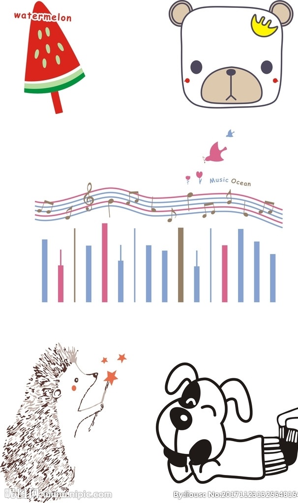 卡通图案合集 音乐 小狗 刺猬 可爱 西瓜 熊头 色彩 背景 印花 绣花 矢量图