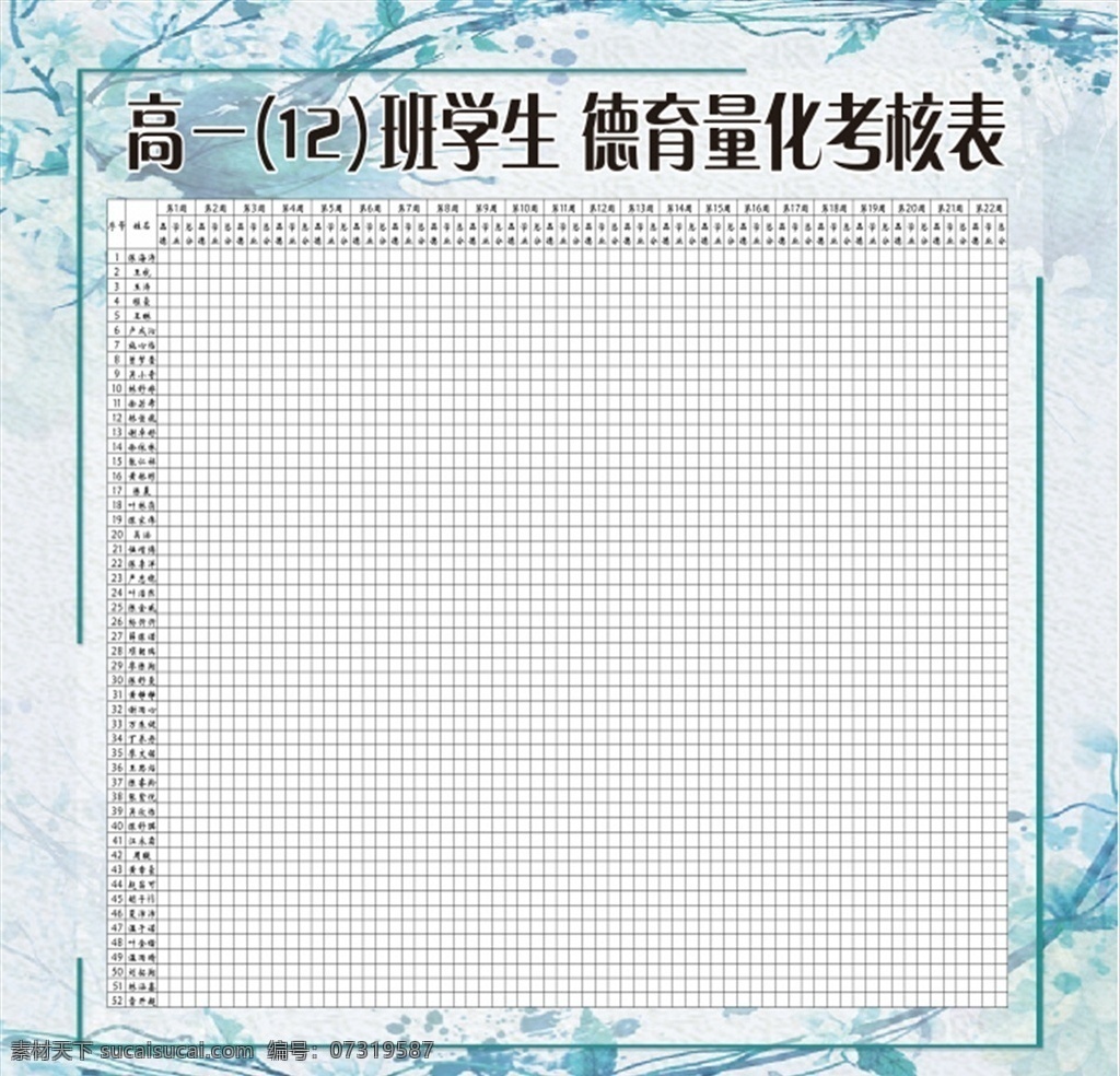 德育 量化 考核表 量化表 评比表 展板 表格 月表 高中 初中 班级