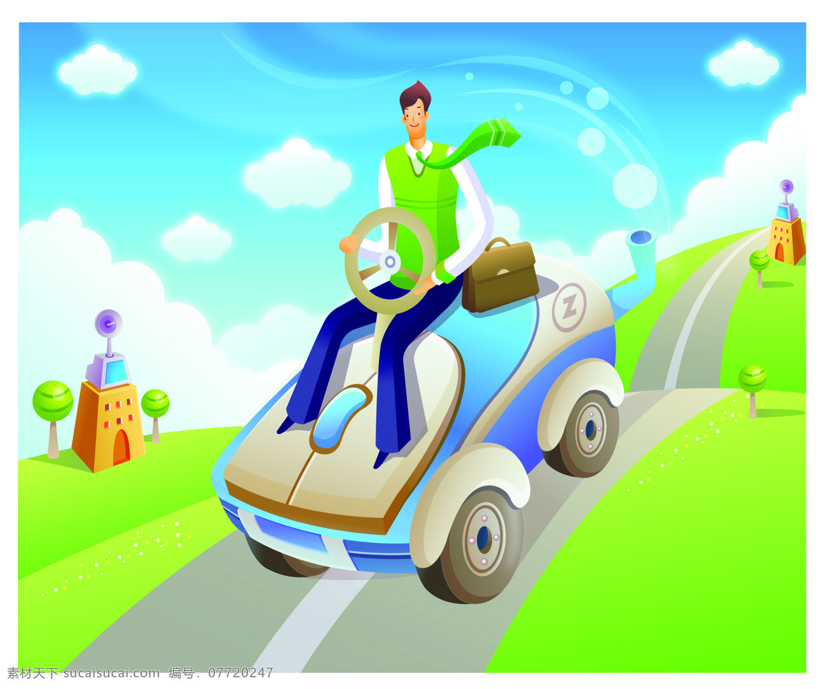 坐在 汽车 上 人 插画 卡通 韩国插画 商务人士 商业插画 科技 未来 畅想 人物 男性 公路 马路 其他类别 商务金融