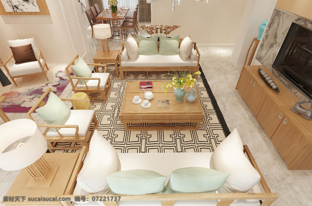新 中式 原木 简约 效果图 茶具 沙发 背景墙 地板 门 吊灯 挂画 模型 现代 椅子 餐桌 茶几