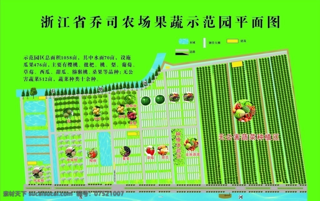 乔 司 农场 后勤 基地 果蔬 分布 示意图 清彻的河流 诱人的水果 生机盎然 大棚 品种 简介 水果 生物世界 矢量