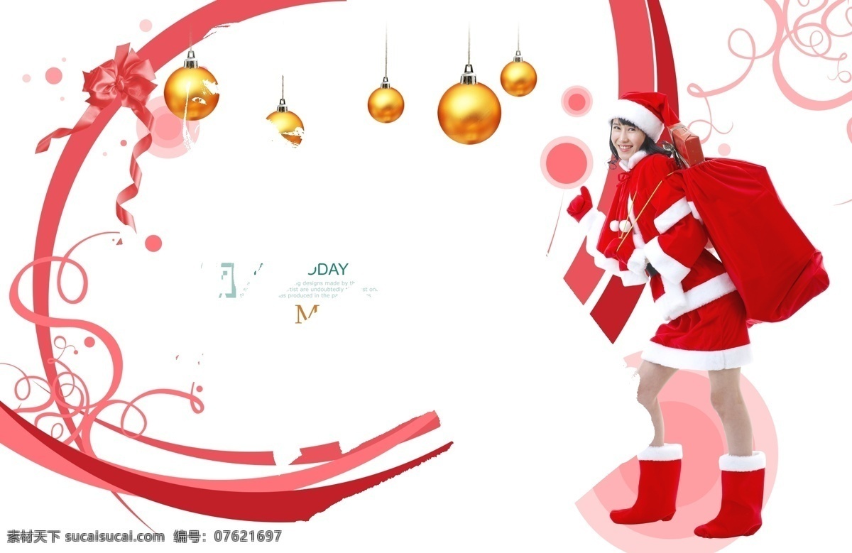 红色 花纹 前 背着 大包 圣诞 美女 psd素材 红色花纹 圣诞美女 金色圆球 弧形花纹 psd源文件