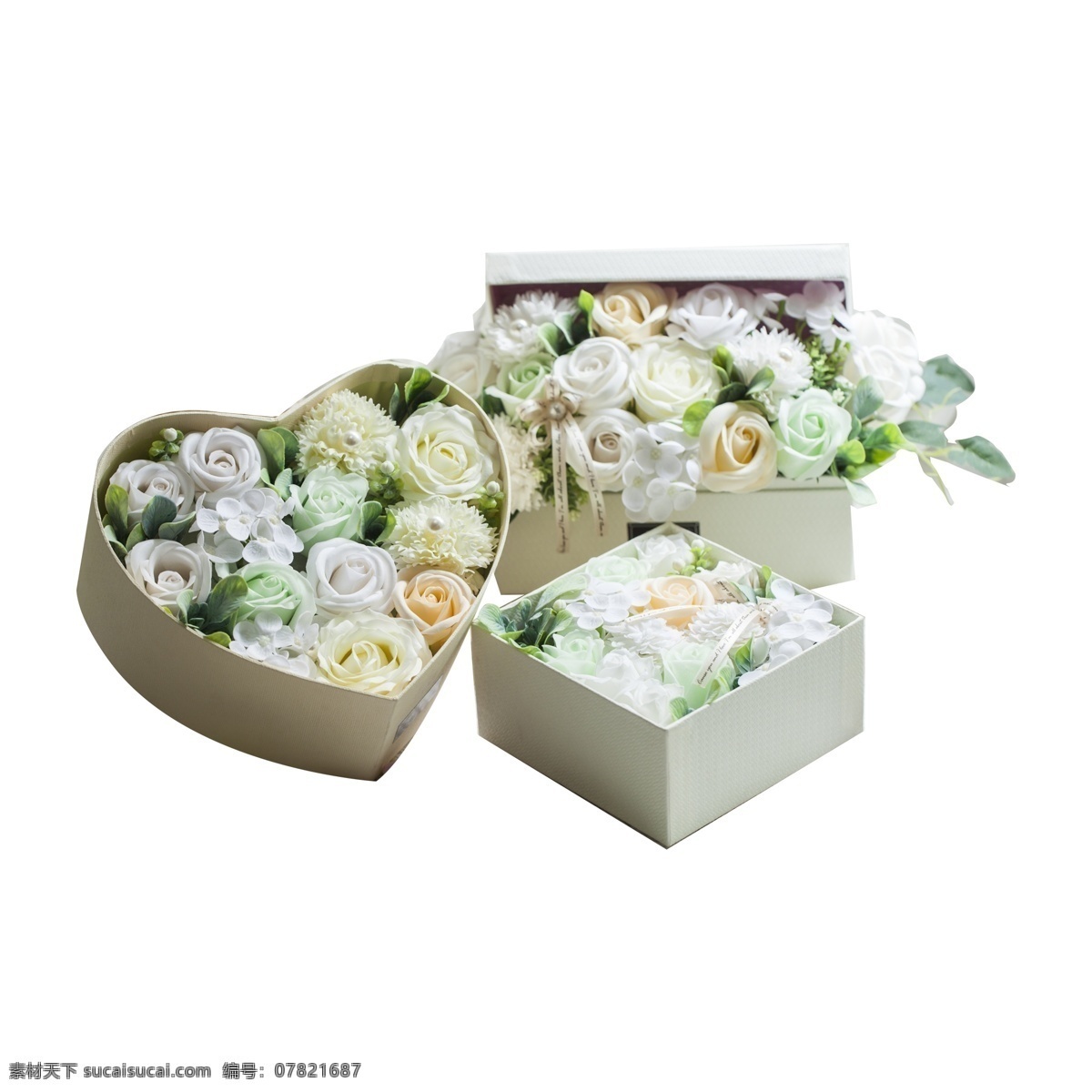 三 盒 花朵 礼盒 免 抠 图 时尚礼盒 爱心礼盒 白色的花朵 植物花朵 新鲜的花朵 花儿 礼物包装 黄色的花朵 免抠图