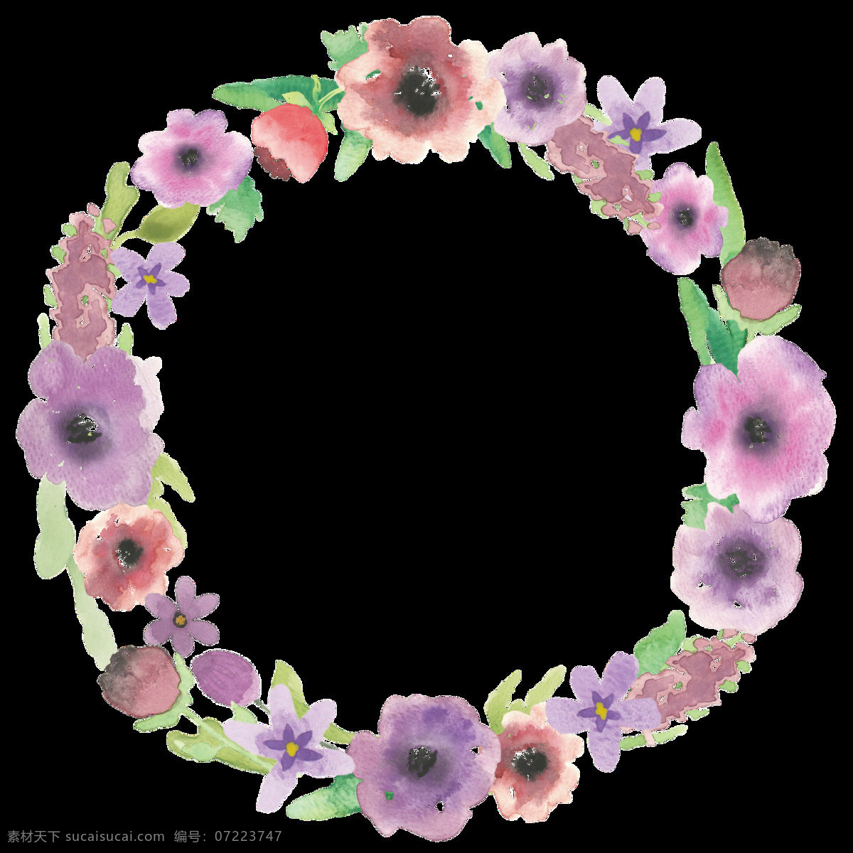 粉色花朵 花环 手绘 圆形手绘 装饰元素 紫色花朵 紫色 神秘 装饰 图案