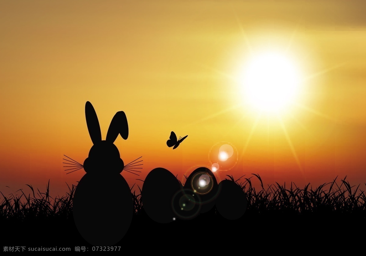 夕阳 下 兔子 彩蛋 剪影 夕阳下 草丛 蝴蝶 阳光 太阳 风景 生物世界 野生动物